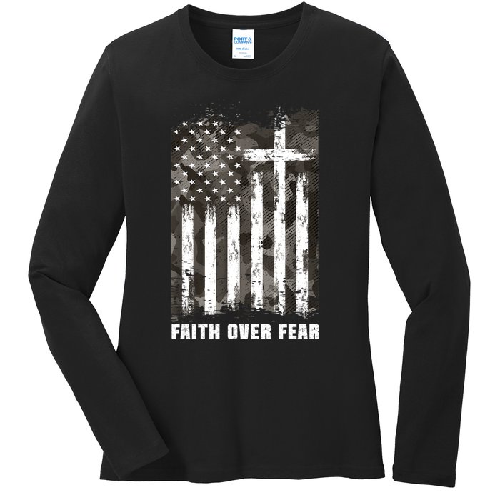 Faith Over Fear Christian Cross Camouflage American Flag Ladies Long Sleeve Shirt