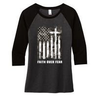 Faith Over Fear Christian Cross Camouflage American Flag Women's Tri-Blend 3/4-Sleeve Raglan Shirt