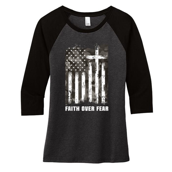 Faith Over Fear Christian Cross Camouflage American Flag Women's Tri-Blend 3/4-Sleeve Raglan Shirt