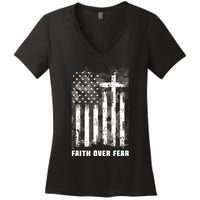 Faith Over Fear Christian Cross Camouflage American Flag Women's V-Neck T-Shirt