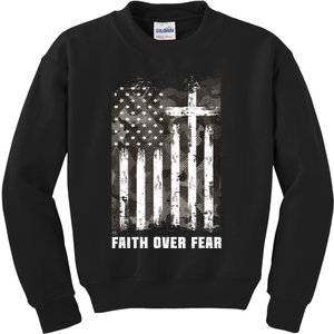 Faith Over Fear Christian Cross Camouflage American Flag Kids Sweatshirt