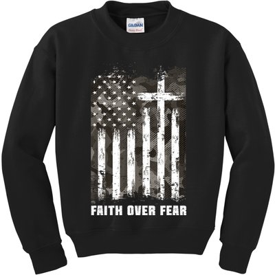 Faith Over Fear Christian Cross Camouflage American Flag Kids Sweatshirt