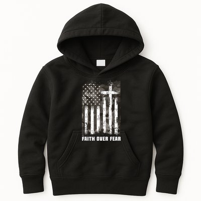 Faith Over Fear Christian Cross Camouflage American Flag Kids Hoodie