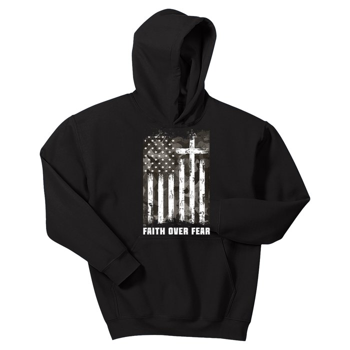 Faith Over Fear Christian Cross Camouflage American Flag Kids Hoodie