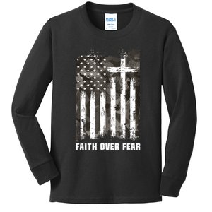 Faith Over Fear Christian Cross Camouflage American Flag Kids Long Sleeve Shirt