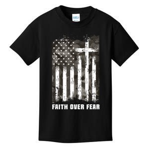 Faith Over Fear Christian Cross Camouflage American Flag Kids T-Shirt