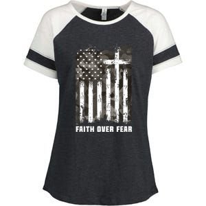 Faith Over Fear Christian Cross Camouflage American Flag Enza Ladies Jersey Colorblock Tee