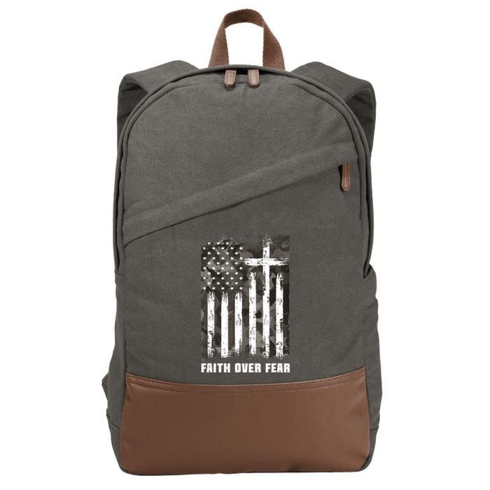 Faith Over Fear Christian Cross Camouflage American Flag Cotton Canvas Backpack