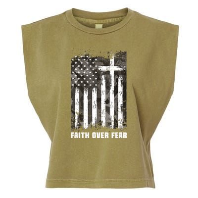 Faith Over Fear Christian Cross Camouflage American Flag Garment-Dyed Women's Muscle Tee