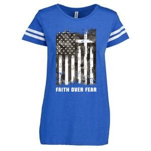 Faith Over Fear Christian Cross Camouflage American Flag Enza Ladies Jersey Football T-Shirt