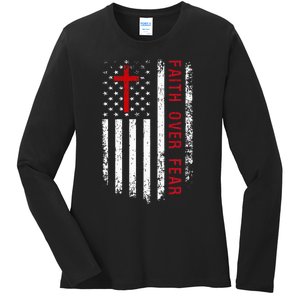 Faith Over Fear American Pride Patriotic Flag Ladies Long Sleeve Shirt