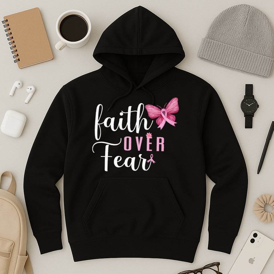 Faith Over Fear Fighter Breast Cancer Awareness Pink Ribbon Hoodie