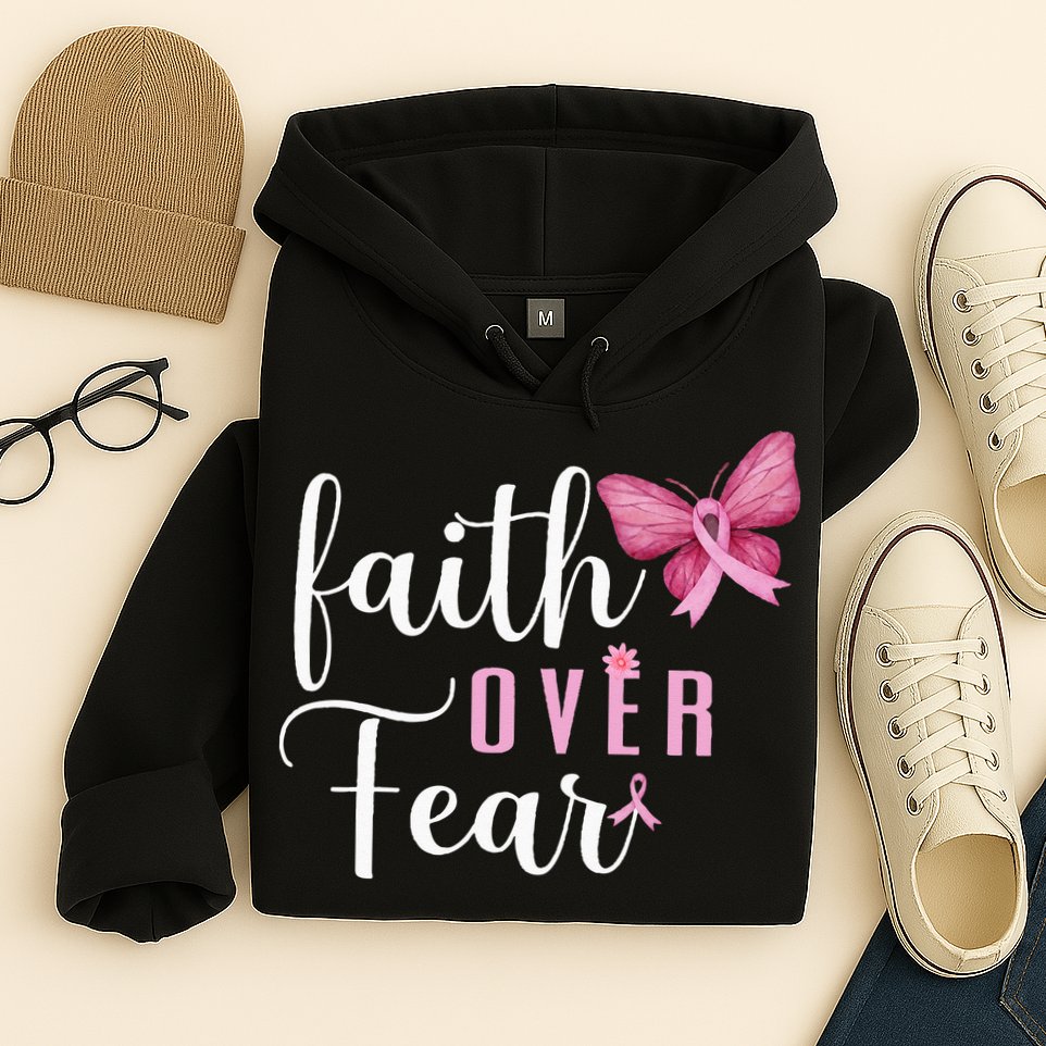 Faith Over Fear Fighter Breast Cancer Awareness Pink Ribbon Hoodie