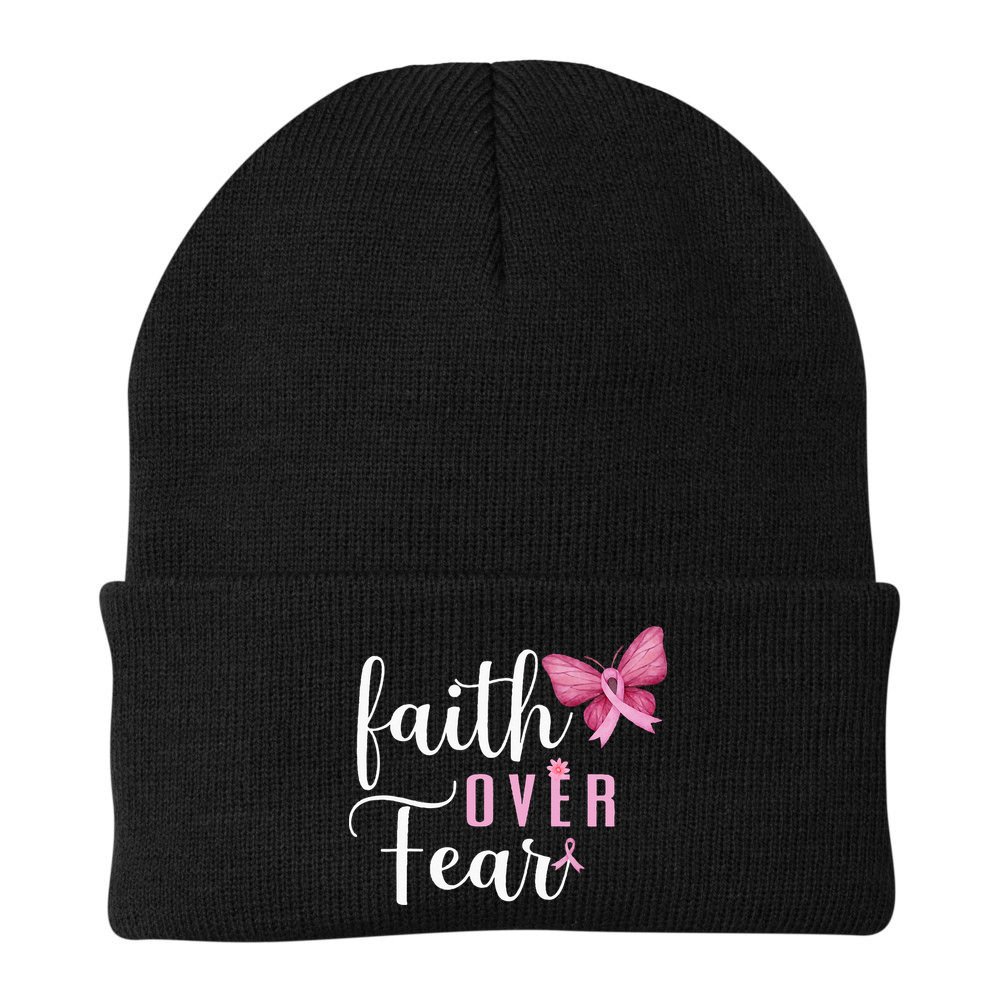 Faith Over Fear Fighter Breast Cancer Awareness Pink Ribbon Beanie