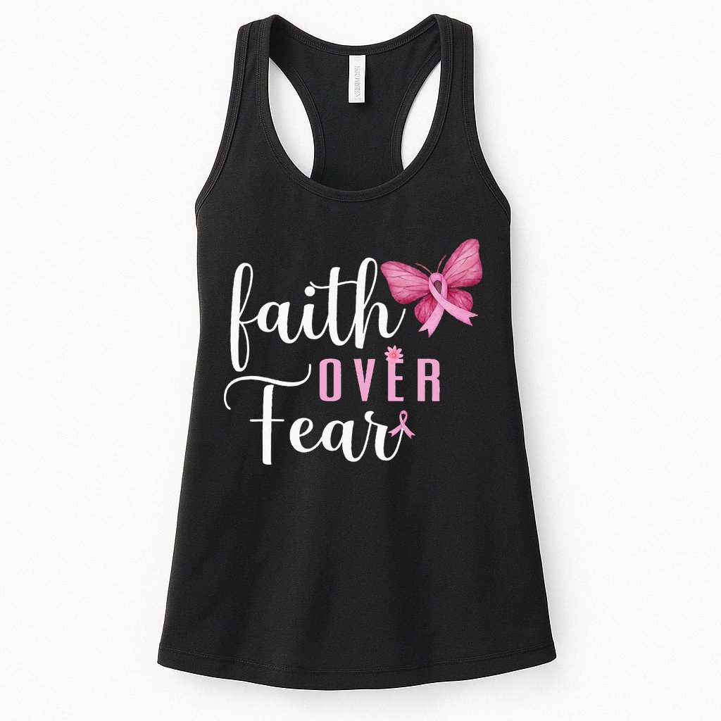 Faith Over Fear Fighter Breast Cancer Awareness Pink Ribbon Womens Tank Top