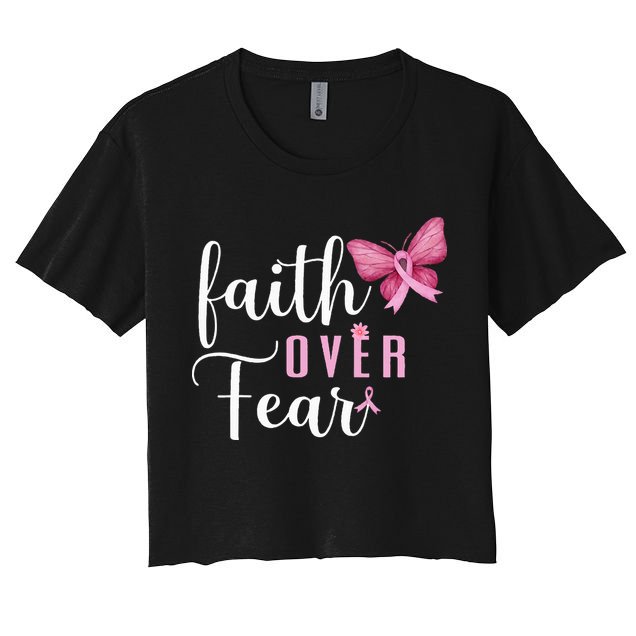 Faith Over Fear Fighter Breast Cancer Awareness Pink Ribbon Crop Top