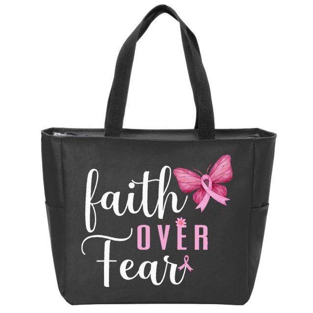 Faith Over Fear Fighter Breast Cancer Awareness Pink Ribbon Zip Tote Bag
