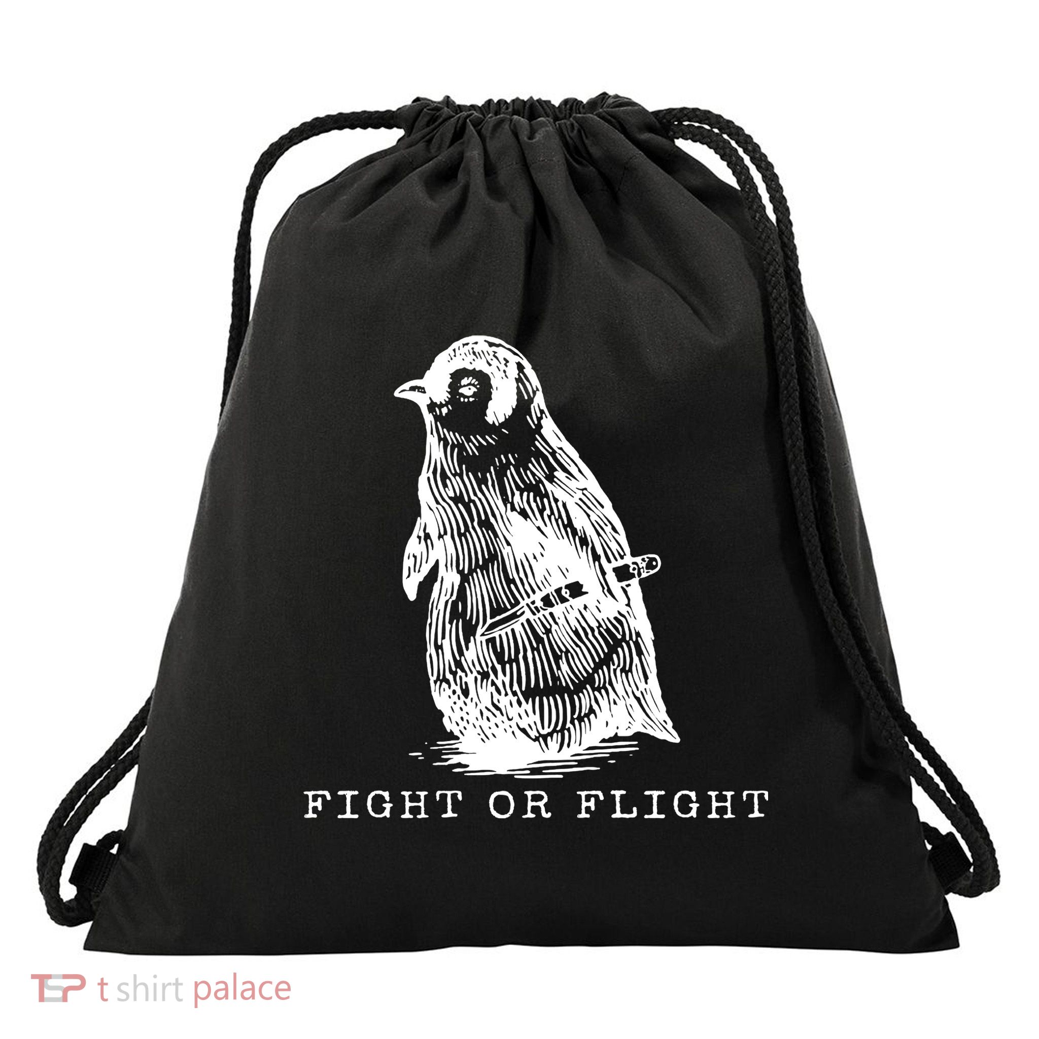 Fight Or Flight Funny Penguin Meme Drawstring Bag