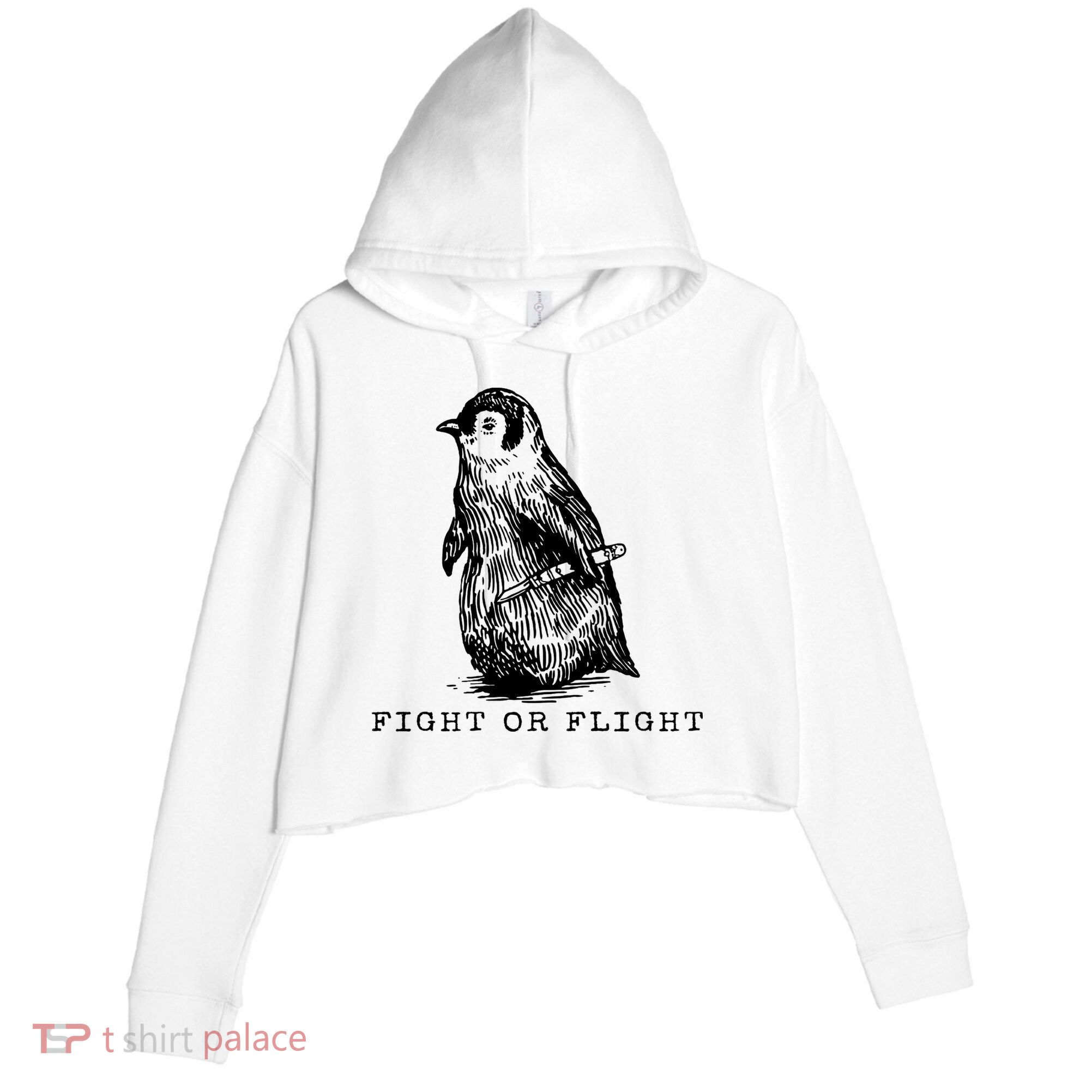 Fight Or Flight Funny Penguin Meme Crop Fleece Hoodie