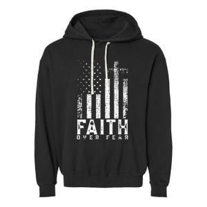 Faith Over Fears Cool Christian Cross American USA Flag Gym Garment-Dyed Fleece Hoodie