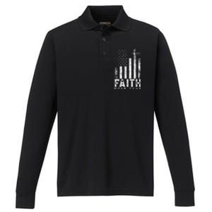 Faith Over Fears Cool Christian Cross American USA Flag Gym Performance Long Sleeve Polo