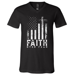 Faith Over Fears Cool Christian Cross American USA Flag Gym V-Neck T-Shirt