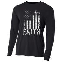 Faith Over Fears Cool Christian Cross American USA Flag Gym Cooling Performance Long Sleeve Crew