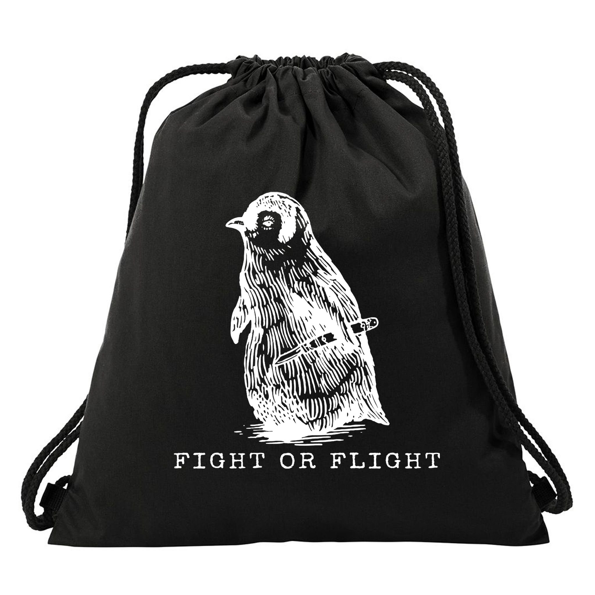 Fight Or Flight Funny Penguin Meme Drawstring Bag