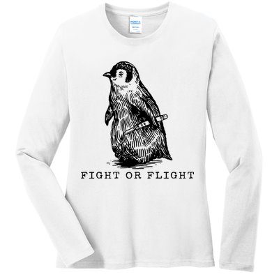 Fight Or Flight Funny Penguin Meme Ladies Long Sleeve Shirt