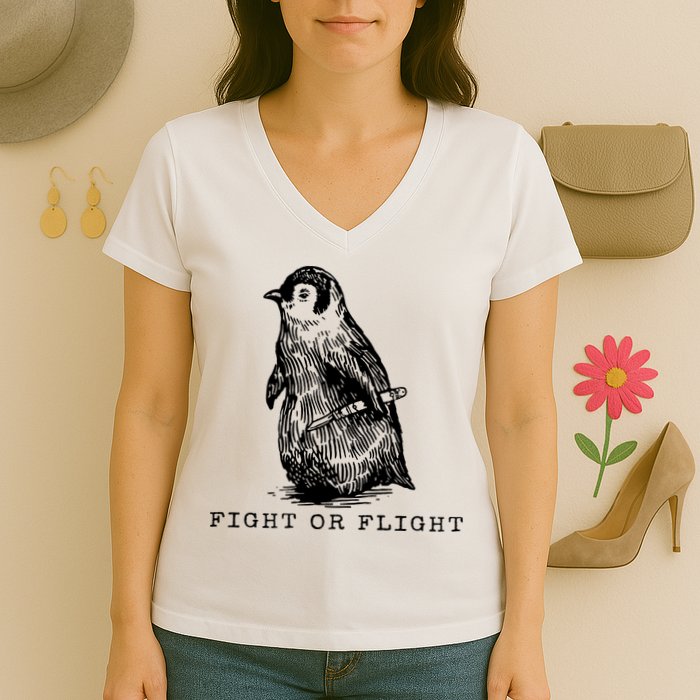 Fight Or Flight Funny Penguin Meme Women's V-Neck T-Shirt