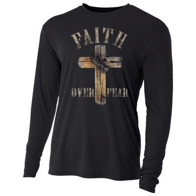 Faith Over Fear American Christian Cross God Jesus Cooling Performance Long Sleeve Crew