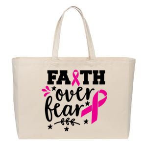 Faith Over Fear Pink Ribbon Breast Cancer Cotton Canvas Jumbo Tote