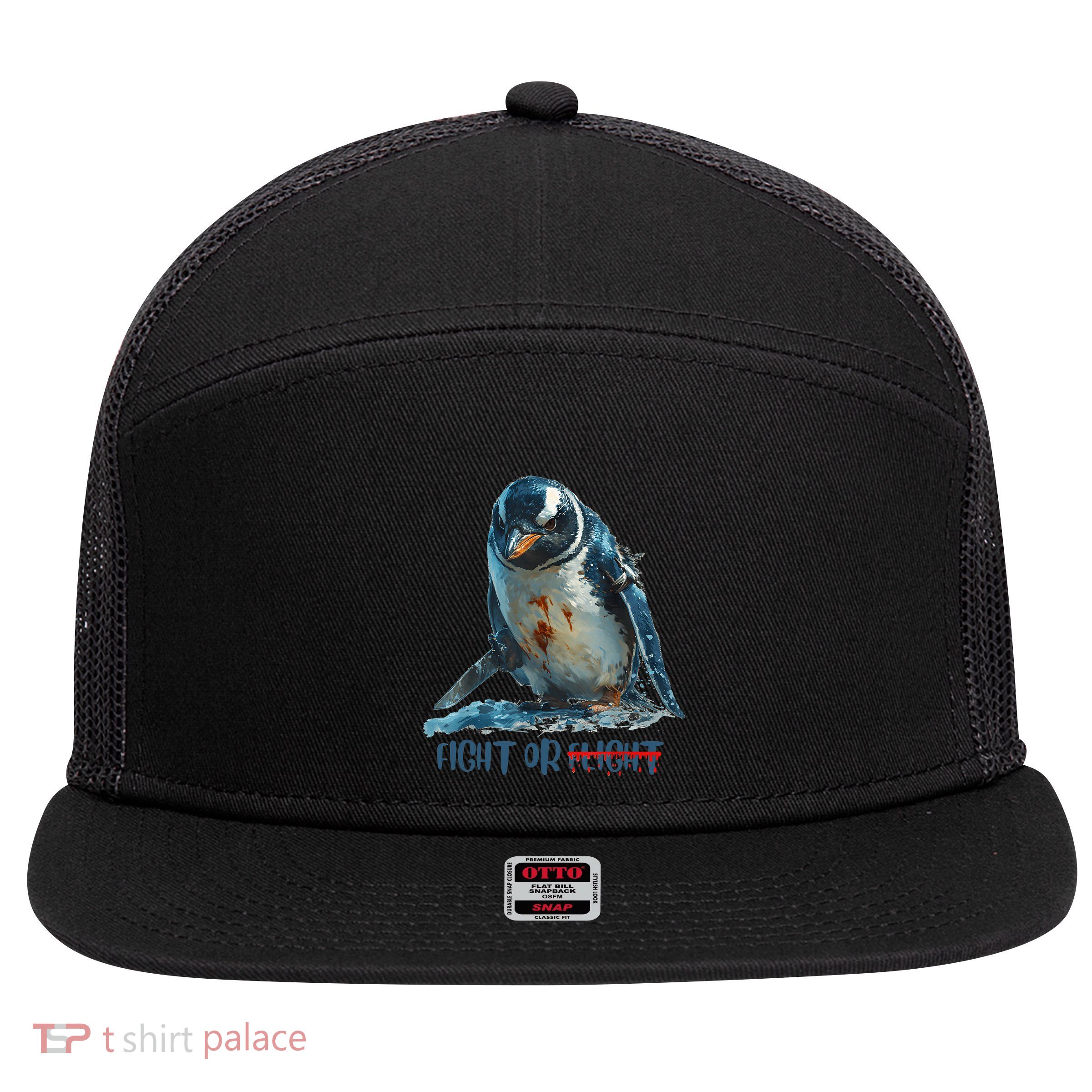 Fight Or Flight Funny Penguin Quote 7 Panel Mesh Trucker Snapback Hat