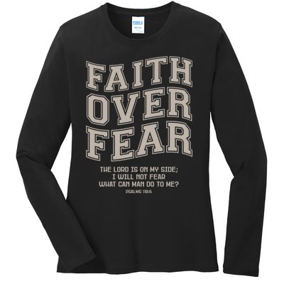 Faith Over Fear Bible Verse Motivational Christian Print Ladies Long Sleeve Shirt