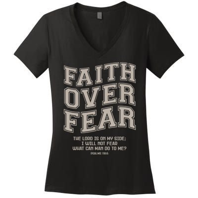 Faith Over Fear Bible Verse Motivational Christian Print Women's V-Neck T-Shirt