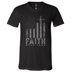 Faith Over Fear Cool Christian Cross American Usa Flag V-Neck T-Shirt