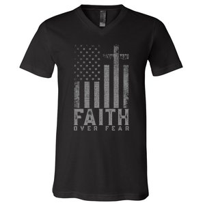 Faith Over Fear Cool Christian Cross American Usa Flag V-Neck T-Shirt