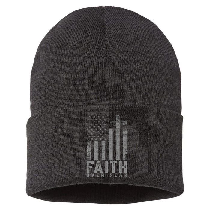 Faith Over Fear Cool Christian Cross American Usa Flag Sustainable Knit Beanie