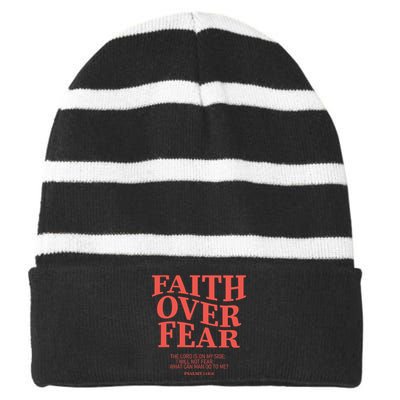 Faith Over Fear Christian Jesus Bible Verse Striped Beanie with Solid Band