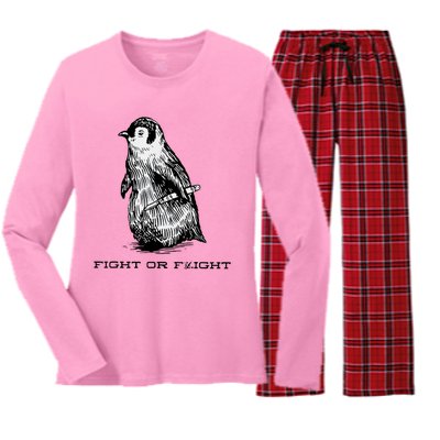 Fight Or Flight Funny Penguin Pun Fight Or Flight Meme Women's Long Sleeve Flannel Pajama Set 