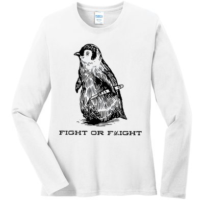 Fight Or Flight Funny Penguin Pun Fight Or Flight Meme Ladies Long Sleeve Shirt