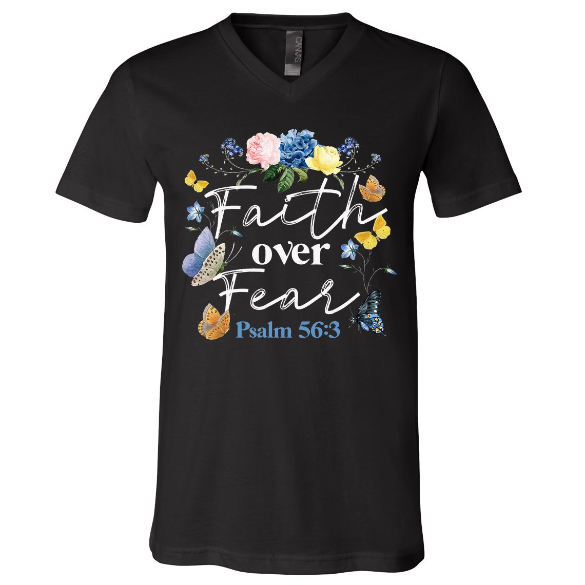 Faith Over Fear Flower Butterfly Christian Bible Verse V-Neck T-Shirt