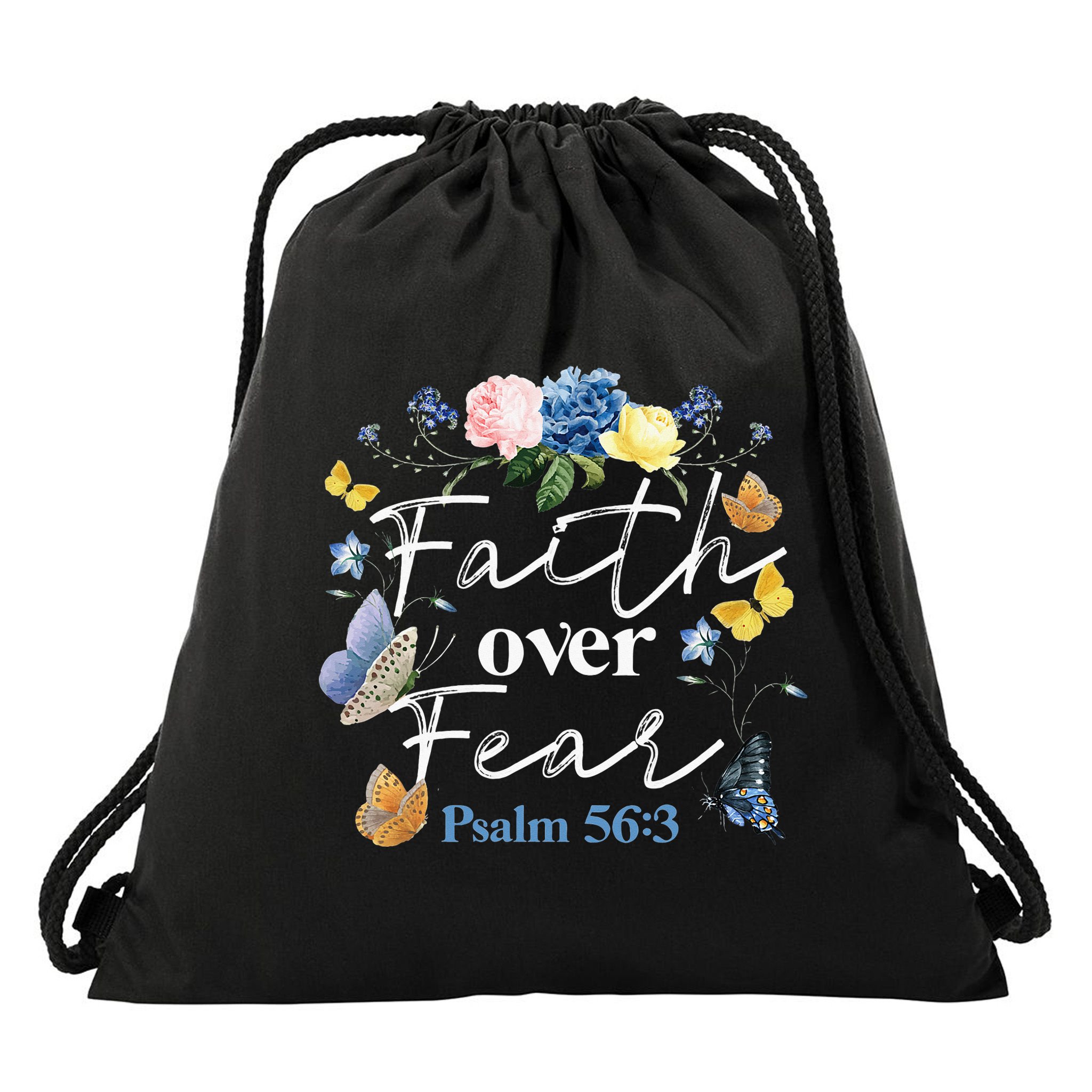 Faith Over Fear Flower Butterfly Christian Bible Verse Drawstring Bag