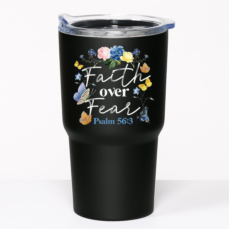 Faith Over Fear Flower Butterfly Christian Bible Verse Tumbler