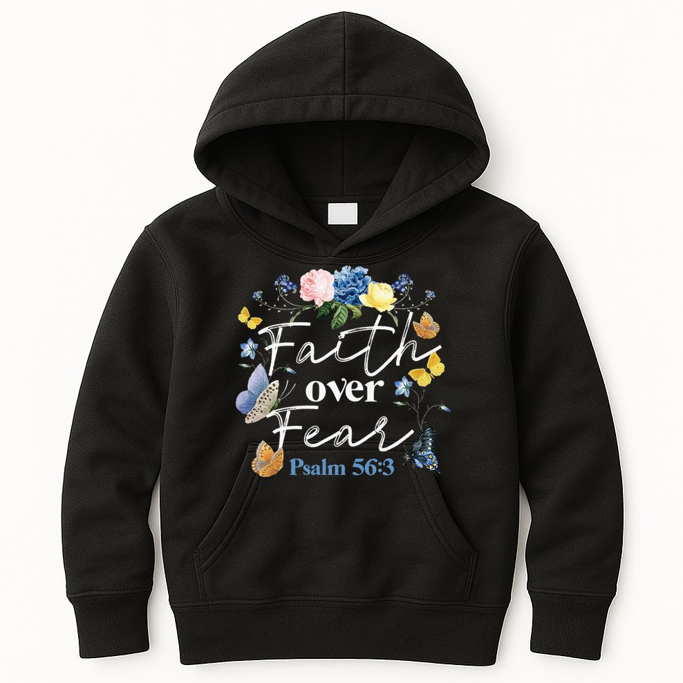 Faith Over Fear Flower Butterfly Christian Bible Verse Kids Hoodie