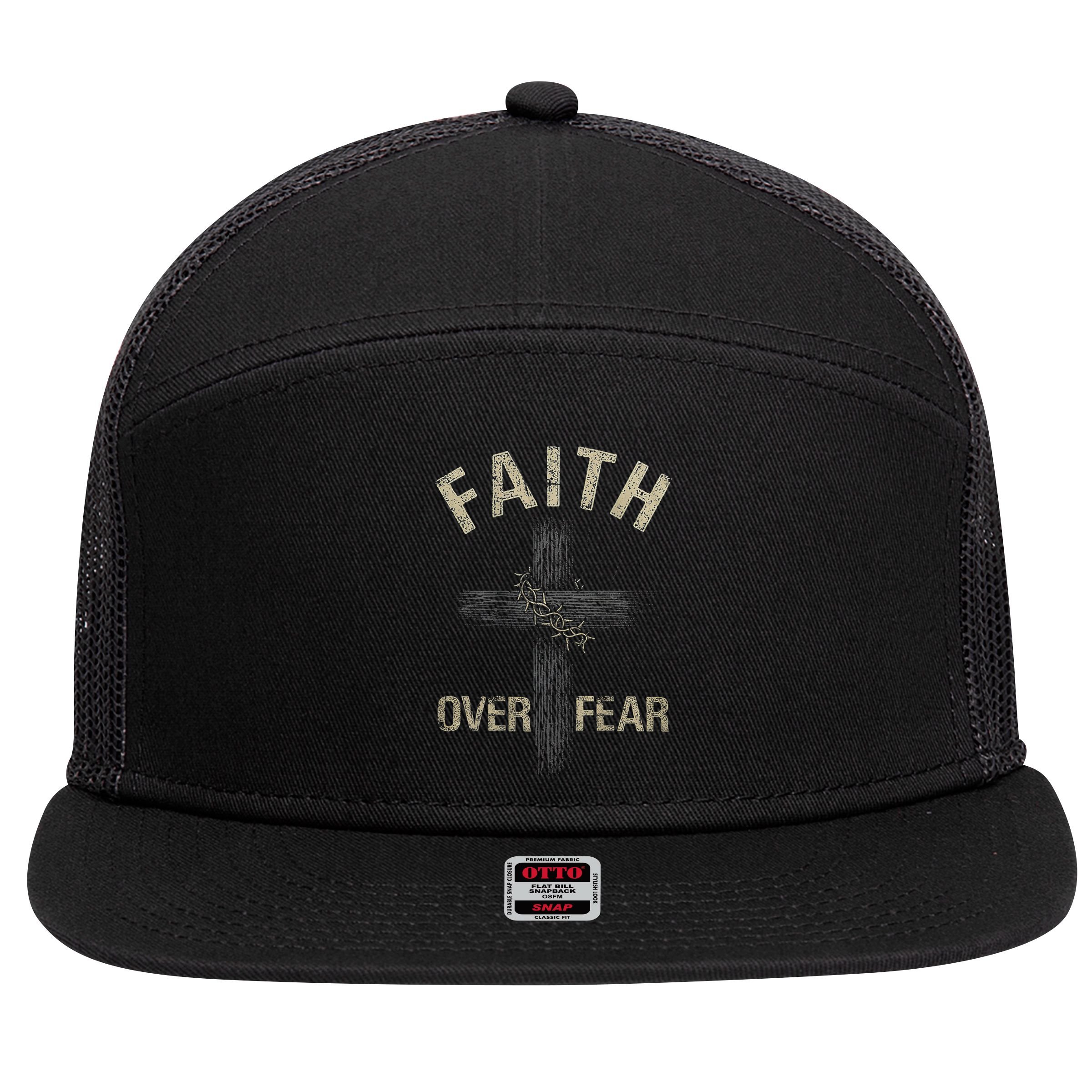 Faith Over Fears Christian Cross American 7 Panel Mesh Trucker Snapback Hat