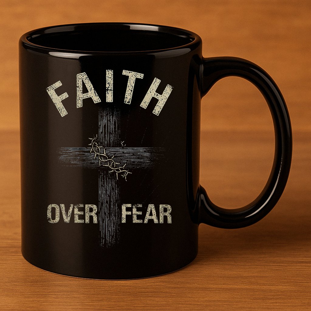 Faith Over Fears Christian Cross American 11oz C Handle Ceramic Mug