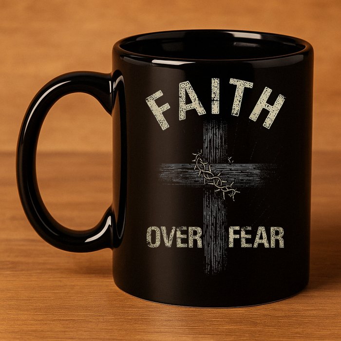 Faith Over Fears Christian Cross American 11oz C Handle Ceramic Mug