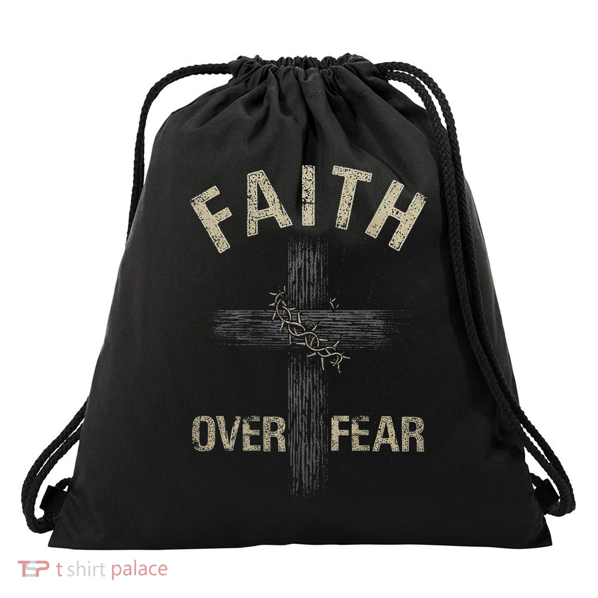Faith Over Fears Christian Cross American Drawstring Bag