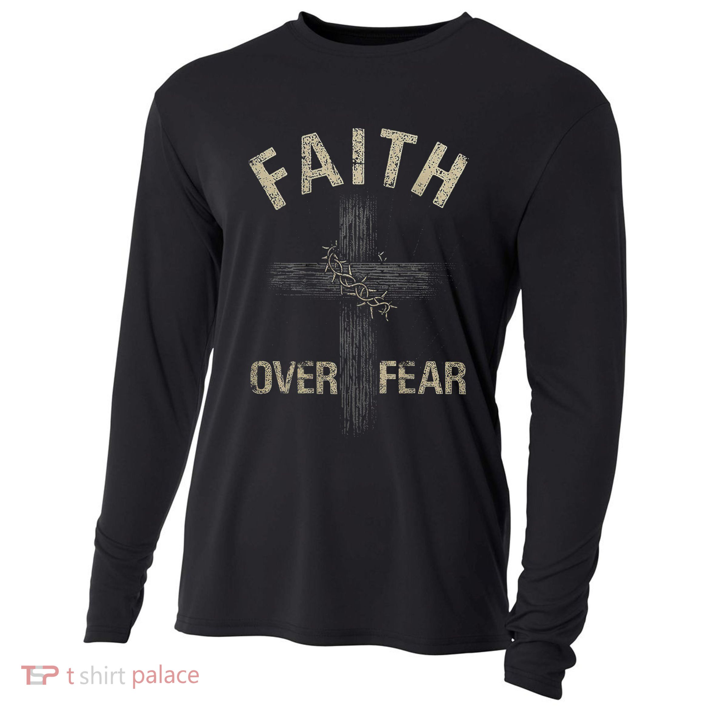 Faith Over Fears Christian Cross American Cooling Performance Long Sleeve Crew